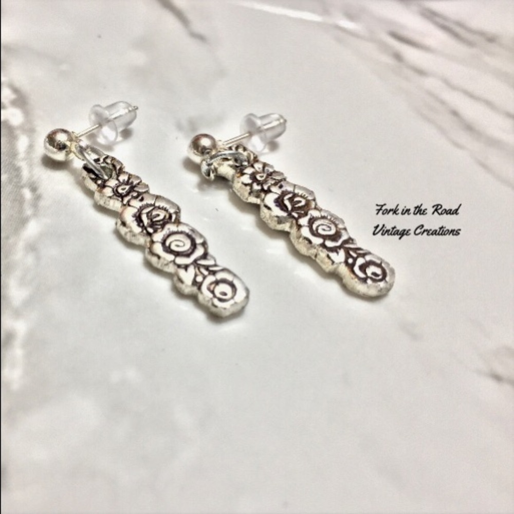 Sterling Silver Plate Spoon Earrings Studs Floral - Picture 8 of 8